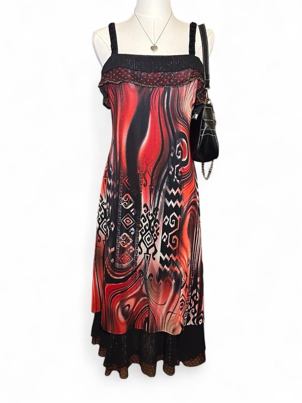 ANAC Black & Red Formal Swirl Pattern Dress Avant Garde Boho Cocktail Whimsygoth